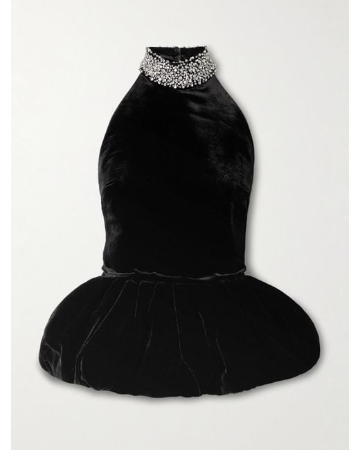 The New Arrivals Ilkyaz Ozel Black Hemingway Neckholder-Oberteil Aus Samt Mit Kristallen Und Schößchen