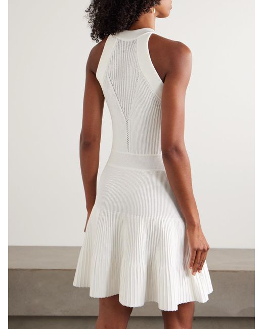 Balmain White Minikleid Aus Geripptem Pointelle-Strick