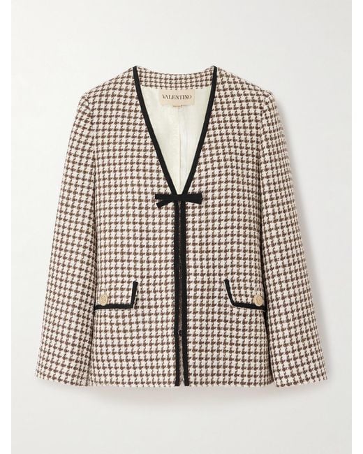 Valentino Garavani Natural Grosgrain-Trimmed Houndstooth Cotton-Blend Tweed Jacket