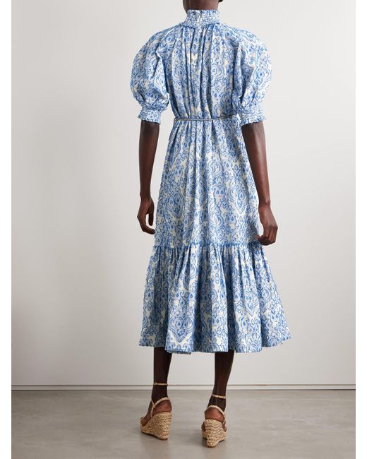 Zimmermann Blue Wylie Midikleid Aus Baumwolle Mit Stickereien Und Bindegürtel