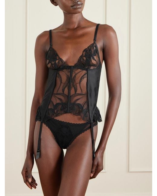 Kiki de Montparnasse Black Merry Widow Embroidered Tulle-Paneled Stretch-Silk Corset