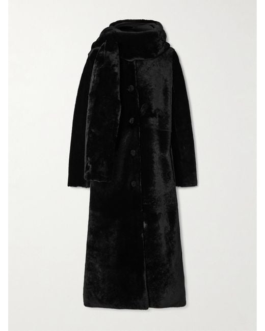 Nour Hammour Black Daphne Scarf-Detailed Shearling Coat