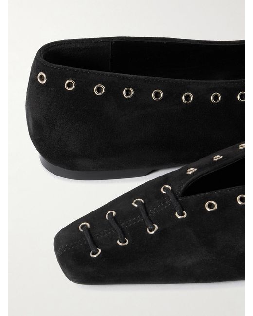 Totême Black Lace-Up Eyelet-Embellished Suede Ballet Flats