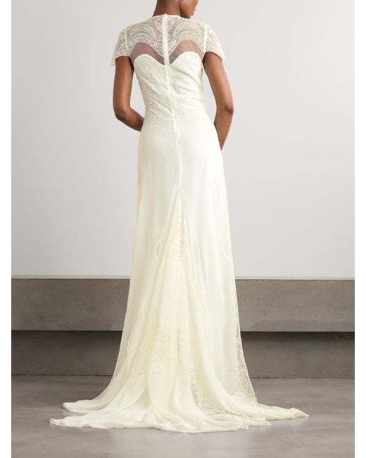 Costarellos White Zephira Embroidered Chantilly Lace-Trimmed Silk-Chiffon Gown