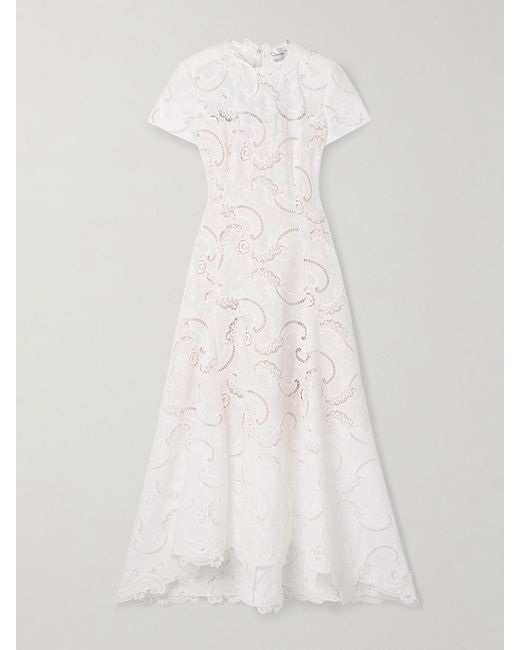 Oscar de la Renta White Scroll Asymmetric Guipure Lace Midi Dress