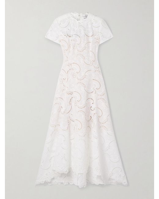 Oscar de la Renta White Scroll Asymmetric Guipure Lace Midi Dress