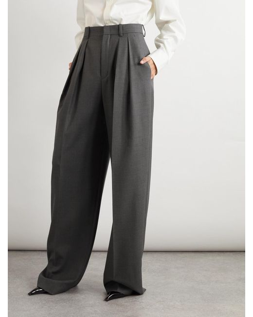 Saint Laurent Gray Pleated Wool Wide-Leg Pants