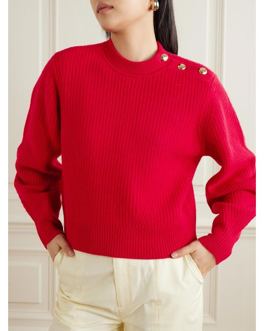 Isabel Marant Red Nolly Embellished Ribbed-Knit Merino Wool Sweater