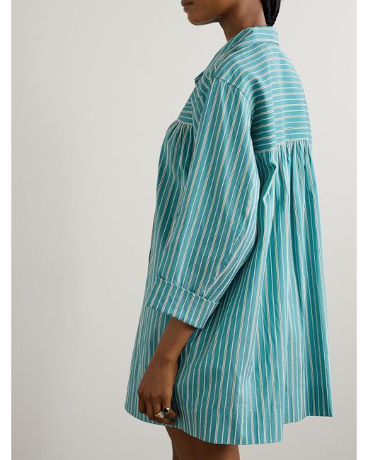 Bode Blue Shore Stripe Quincy Cotton-Blend Poplin Mini Shirt Dress