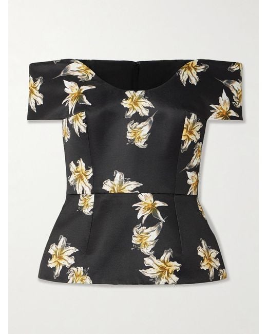 Emilia Wickstead Black Souline Off-The-Shoulder Floral-Print Faille Bustier Top