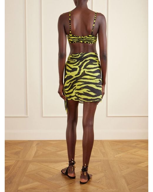 The Attico Yellow Tasseled Zebra-Print Cotton-Voile Pareo