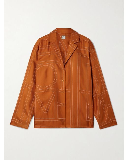 Totême Orange Embroidered Silk-Twill Shirt