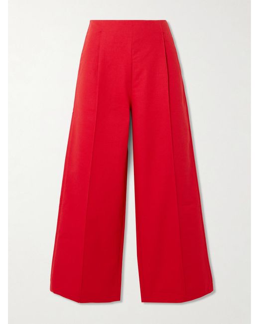 D'Estree Red Martha Pleated Cotton Wide-Leg Pants