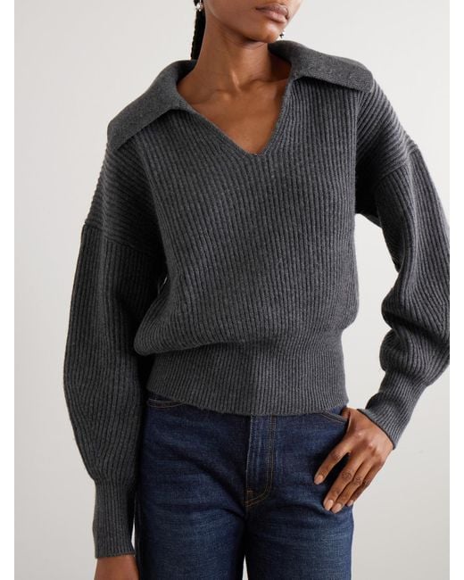 Joseph Gray Ribbed Wool, Silk And Cashmere-Blend Polo Sweater
