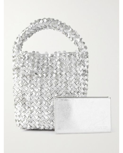 Bottega Veneta Gray Cabat Small Intrecciato Metallic Leather Bucket Bag
