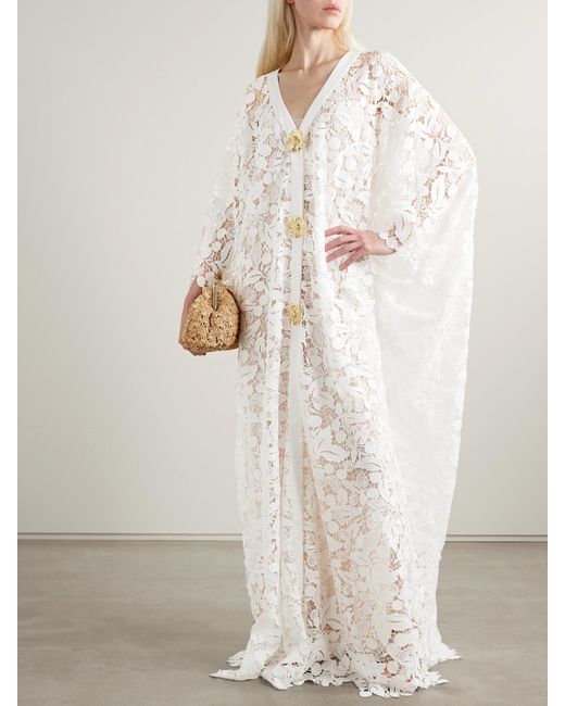 Oscar de la Renta White Embellished Guipure Lace Gown