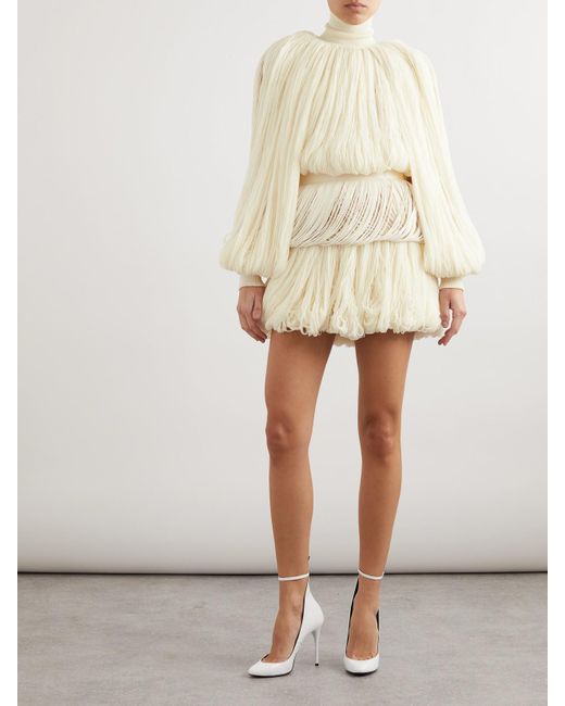 Alaïa Natural Fringed Wool-Blend Turtleneck Top