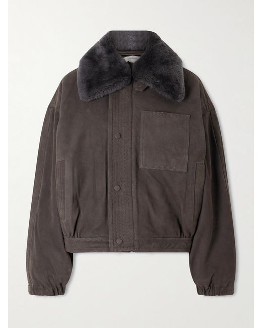Victoria Beckham Gray Shearling-Trimmed Nubuck Bomber Jacket
