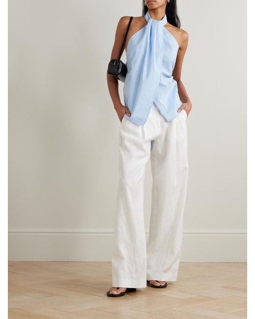 St. Agni Blue Open-Back Gathered Organic Cotton-Poplin Halterneck Top