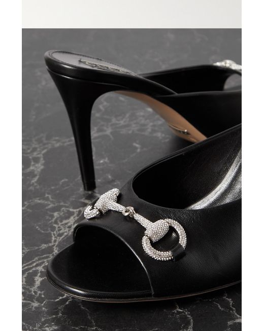 Gucci Black Crystal-embellished Horsebit-detailed Leather Mules