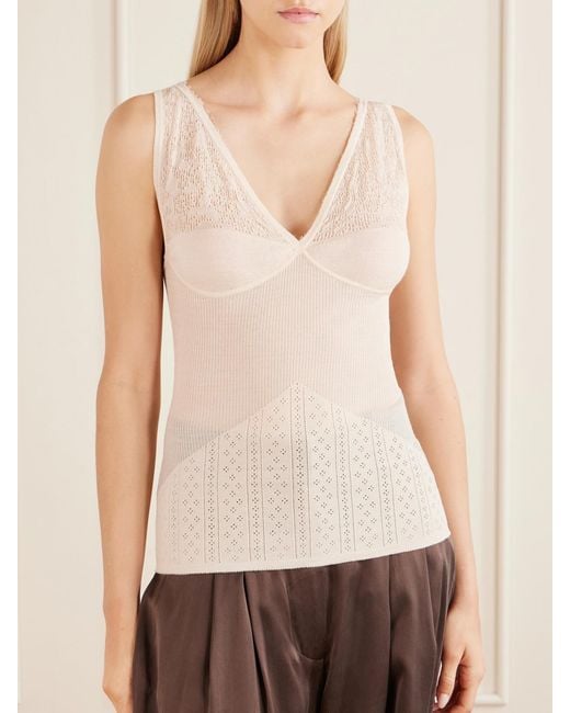 Zimmermann Natural Lace-Trimmed Pointelle-Knit Wool-Blend Top