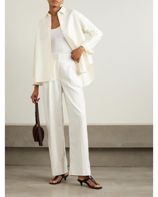 Pantalon Large En Velours De Soie Et De Coton Biologique Mélangés Côtelés À Plis Totême  en coloris White