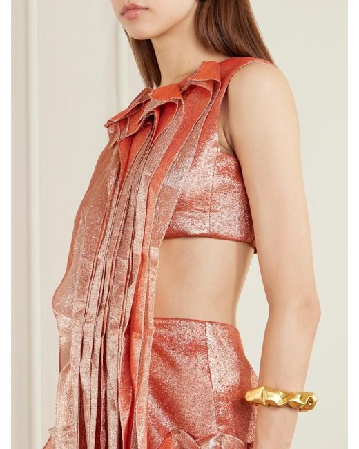 Maticevski White Trailblaze Ruffled Metallic Brocade Gown