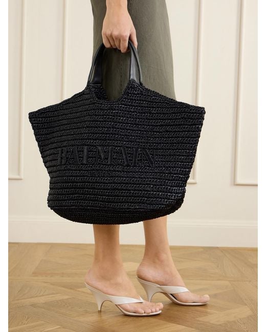 Balmain Black Cabas Large Logo-Embroidered Leather-Trimmed Raffia Shoulder Bag