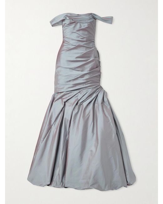 Marmar Halim Gray One-Shoulder Gathered Taffeta Gown