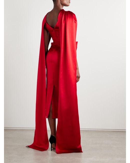 Erdem Red Draped Cape-Effect Embellished Satin Gown