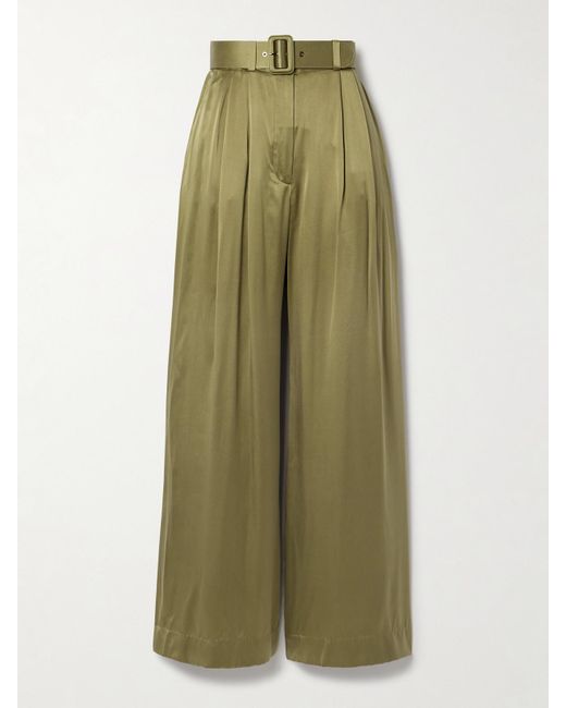 Zimmermann Green Belted Pleated Silk-Satin Wide-Leg Pants