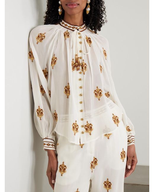 Farm Rio Natural Anchor Tapestry Gathered Embroidered Georgette Blouse