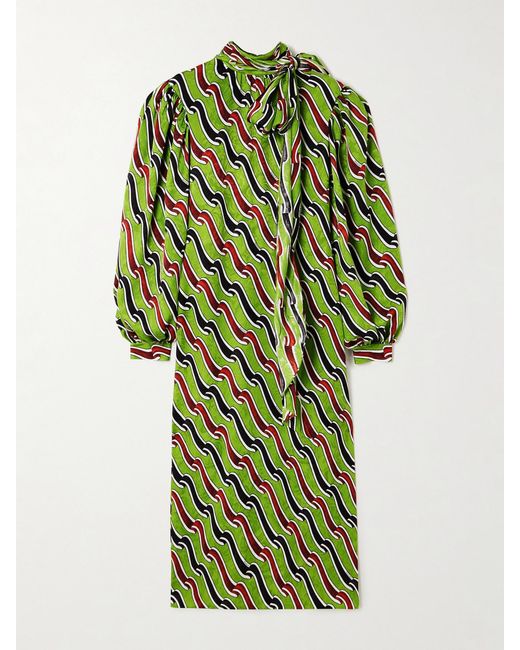 Gucci Green Tie-Detailed Printed Silk-Jacquard Midi Dress