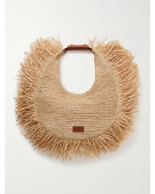 Staud Natural Moon Large Leather-Trimmed Fringed Raffia Tote