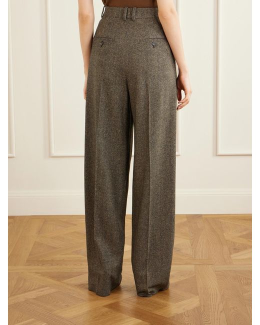 Saint Laurent Natural Pleated Herringbone Wool-Blend Straight-Leg Pants