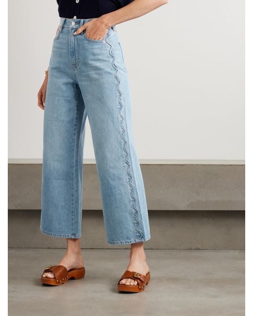 Veronica Beard Blue Taylor Cropped Scalloped High-Rise Wide-Leg Jeans