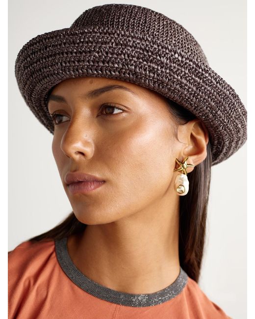 Brunello Cucinelli Brown Bead-Embellished Faux Raffia Bucket Hat