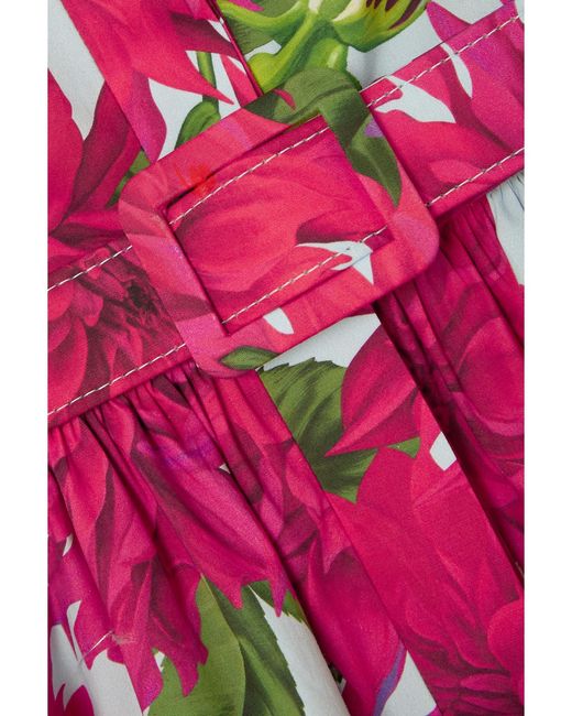 Oscar de la Renta Pink Belted Tiered Floral-Print Cotton-Poplin Mini Dress