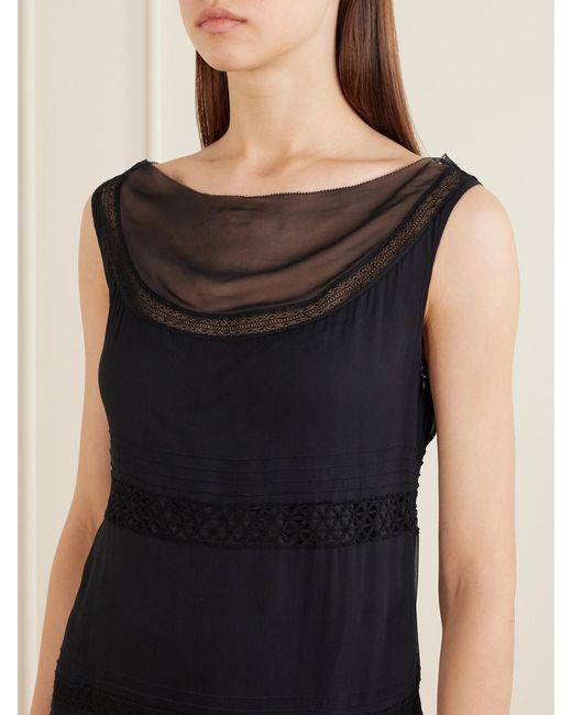 Tory Burch Blue Pleated Lace-Trimmed Silk-Georgette Midi Dress