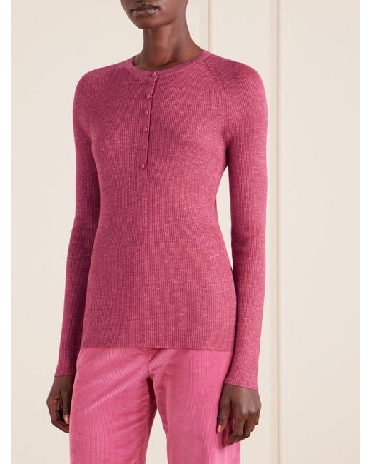 Gabriela Hearst Pink Anges Ribbed Cashmere, Silk And Hemp-Blend Henley Shirt