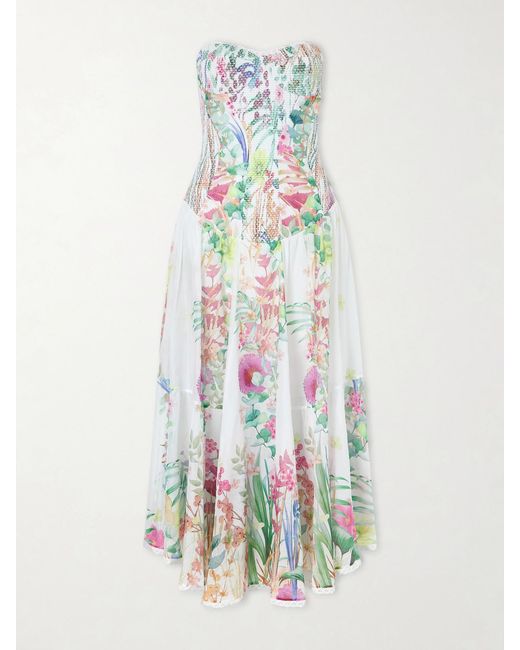 Charo Ruiz White Illyr Off-The-Shoulder Smocked Floral-Print Cotton-Blend Voile Midi Dress