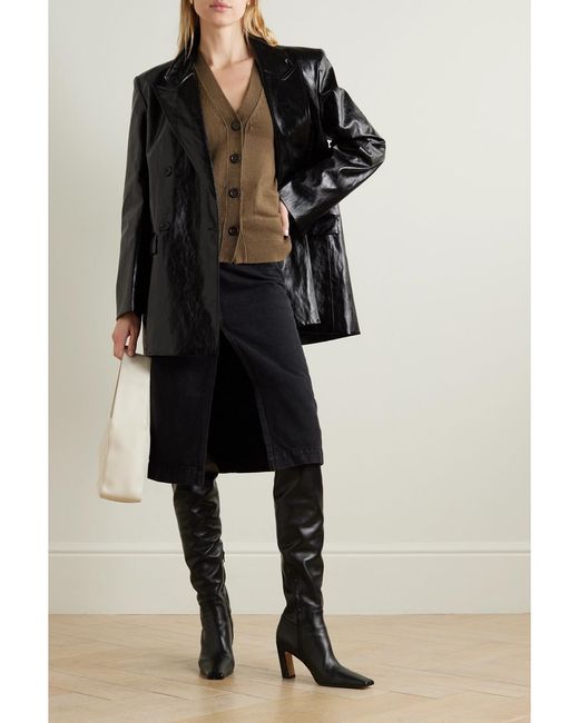 Esse Studios Black Milos Double-Breasted Crinkled Faux Leather Blazer