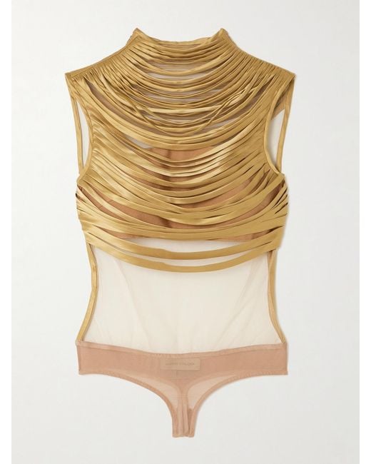 ANDRES OTALORA Natural Pulsos Fringed Silk-Charmeuse And Mesh Bodysuit