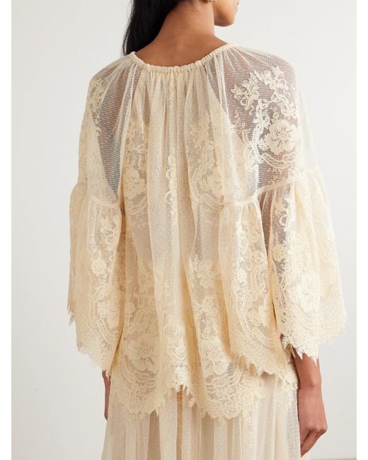 Zimmermann Natural Hypnotic Tie-Neck Flocked Lace Blouse