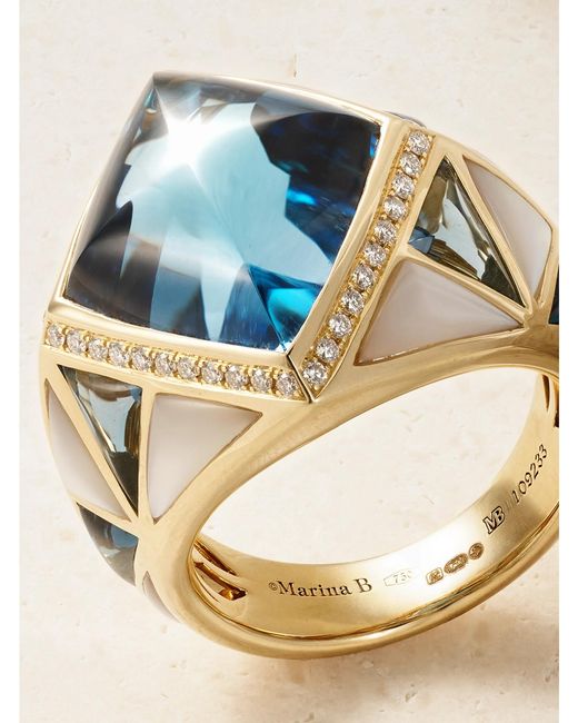 Marina B Blue 18-Karat Topaz, Diamond And Mother-Of-Pearl Ring