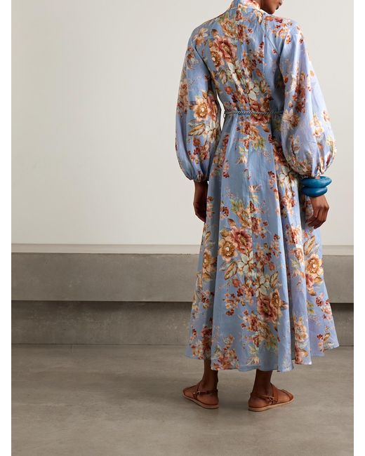 Zimmermann Blue Awaken Floral-Print Linen Maxi Dress
