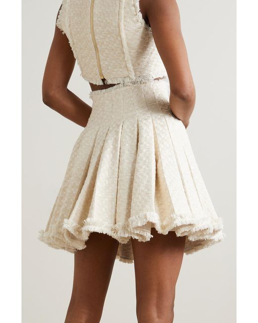 Balmain Natural Frayed Pleated Cotton-Blend Tweed Mini Skirt