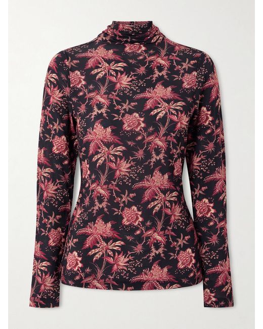 Ulla Johnson Red Aurelia Floral-Print Stretch-Jersey Turtleneck Top