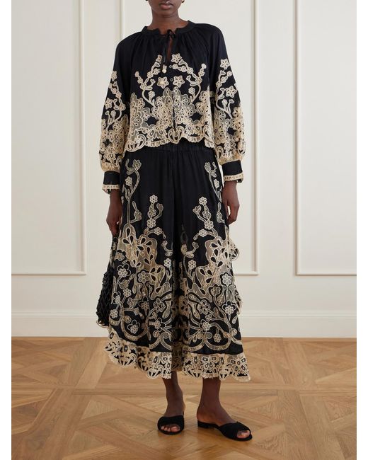 Sea Black Gracelyn Ruffled Lace-Trimmed Cotton Wide-Leg Pants
