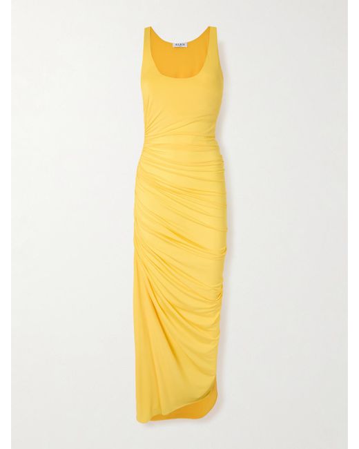 Alaïa Yellow Gathered Stretch-Jersey Midi Dress